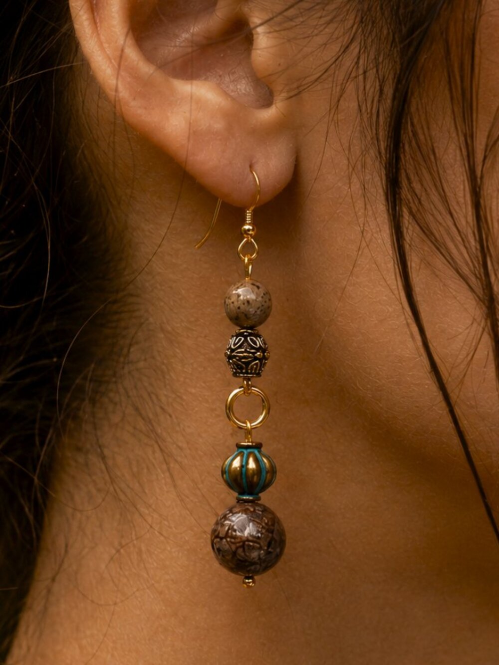 Jasper Stone Beaded Earrings - Antique Gold Filigree, 24k Gold Stainless Hooks